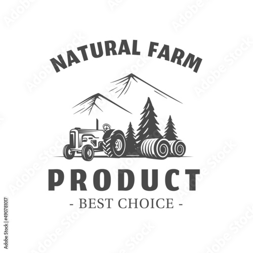 Farm market label isolated on white background. Village and landscape agriculture emblem. Vector illustration
