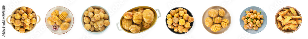 Delicious baked potato on white background, top view Delicious baked potato on white background, top view
