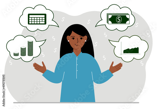 Happy woman thinking about finances. In my thoughts money, calculator, charts. For posters, banners, websites.