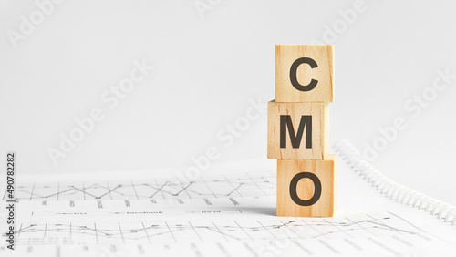 cmo - letters on wooden cubes. concept on cubes and diagrams on a gray background. business as usual concept imag photo