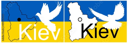 Outline map of the city of Kiev, Ukraine against a background of national colors.