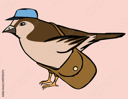 A postman bird in a blue cap with a bag.