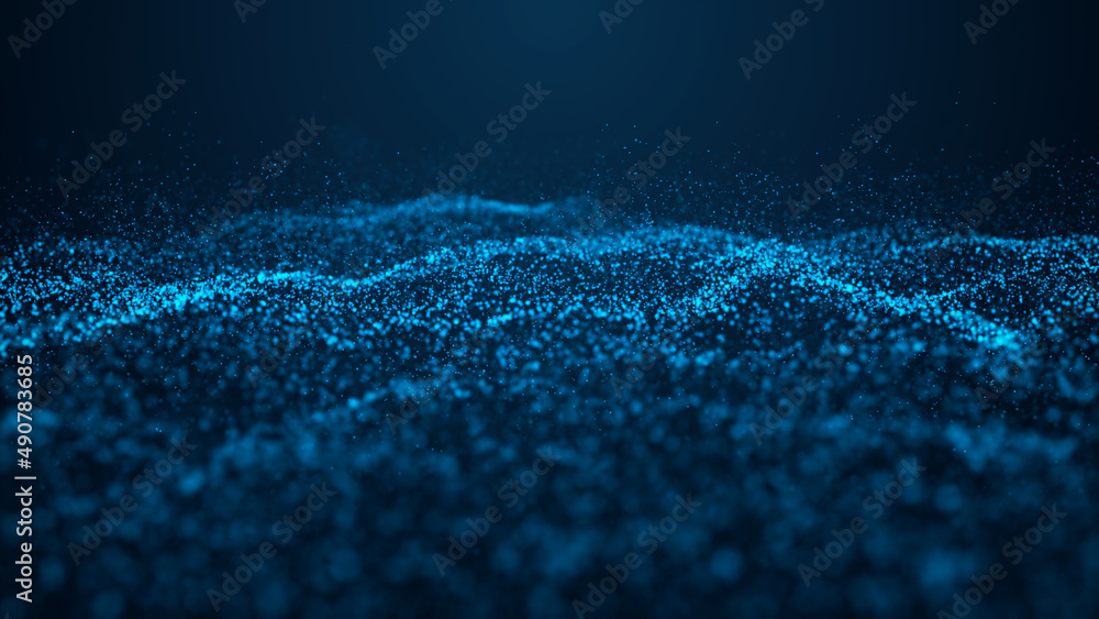 Wave of particles. Abstract background with a dynamic wave. Blue background with moving particles. 3d rendering. Wave of particles. Abstract background with a dynamic wave. Blue background with moving particles. 3d rendering.