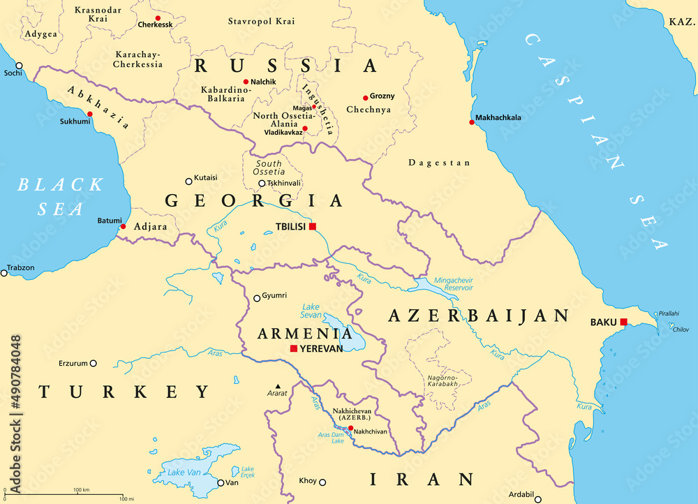 The Caucasus, or Caucasia, political map. A region between the Black Sea and the Caspian Sea, mainly occupied by Armenia, Azerbaijan, Georgia, and parts of Southern Russia, with disputed areas. Vector