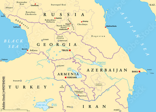 The Caucasus  or Caucasia  political map. A region between the Black Sea and the Caspian Sea  mainly occupied by Armenia  Azerbaijan  Georgia  and parts of Southern Russia  with disputed areas. Vector