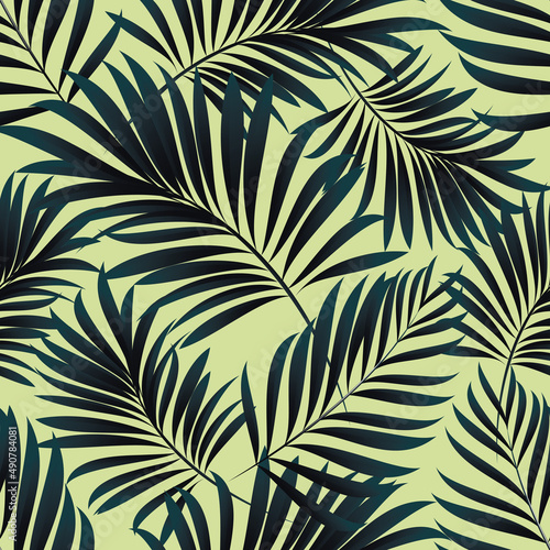Palm. Seamless pattern with branches and leaves of tropical plants.Vector image. 
