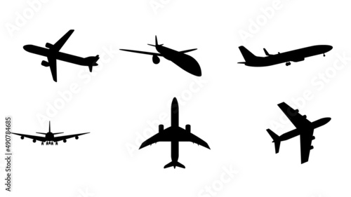 Silhouette of black and white aircraft in the sky  isolated. Illustration