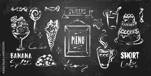 Vector set of sweets elements, handwritten words, frames on chalkboar. White lines and blackboards with chalk textur. Baker cafe menu.