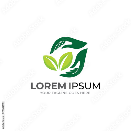 Hand and leaf  sun logo vector template.