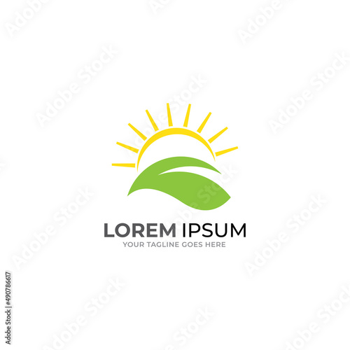 Hand and leaf sun logo vector template.