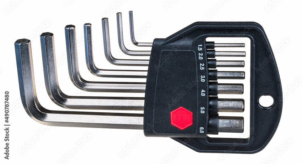 Steel hex key set of various size in plastic holder isolated on white