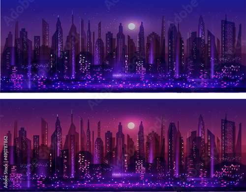 Night distopia City background with architecture, skyscrapers, megapolis, buildings, downtown.