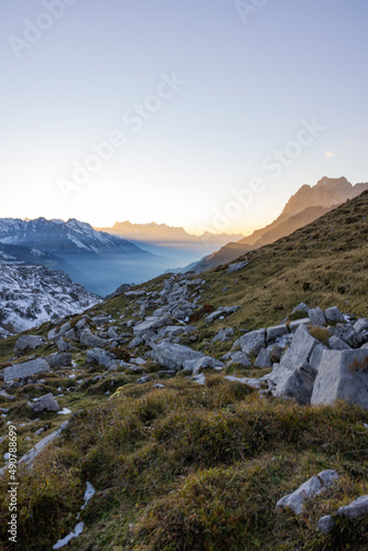 Amazing Landscape in the hearth of Switzerland. Epic scenery with the clouds and fog. Wonderful sun rays through the clouds and later an amazing sunset and sunrise. Road trip through Switzerland.
