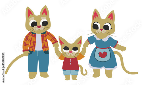 Family of cats. Anthropomorphic animals in flat style