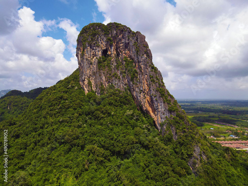 Aerial drone view of Khao Ok Talu mountain in Phatthalung Province, Thailand photo