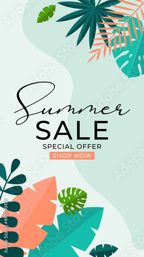 Summer sale background with tropical leaves. Illustration