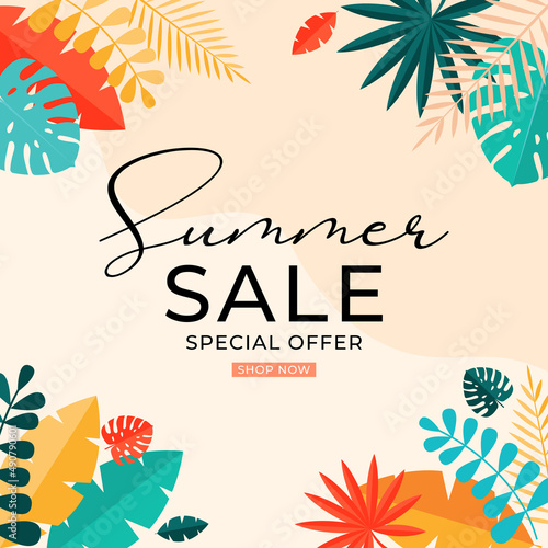 Summer sale background with tropical leaves. Illustration