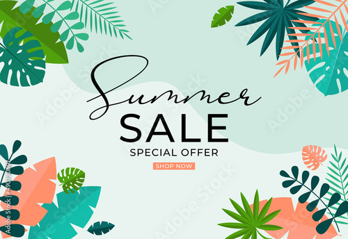 Summer sale background with tropical leaves. Illustration