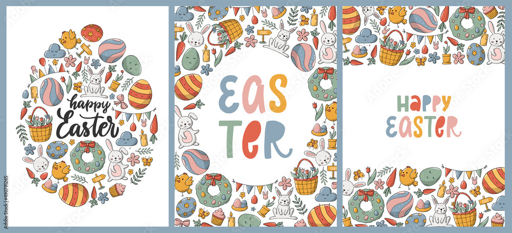 Set of Easter greeting cards, posters, prints, banners, invitations, templates, etc. Hand lettering quotes decorated with doodles, clipart. EPS 10