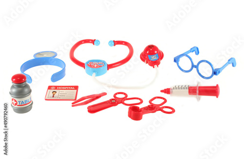 plastic doctor set kids children white background