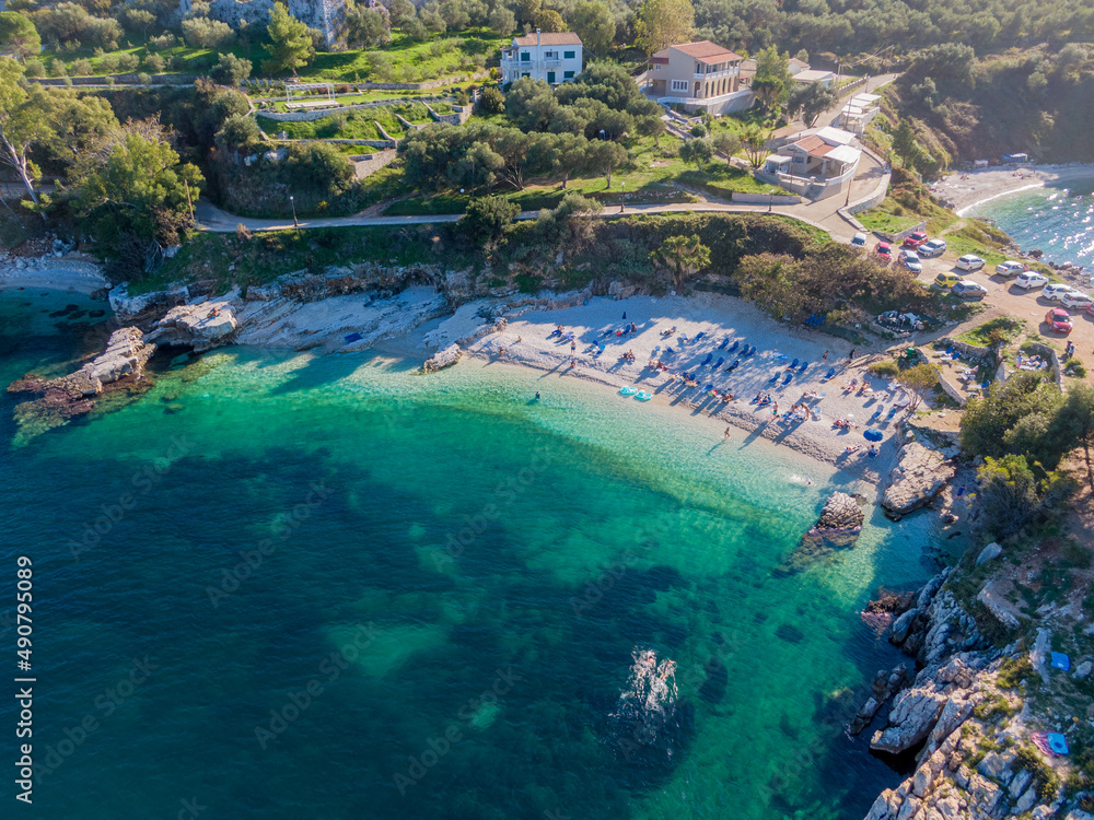 Aerial drone view of  Mpataria beach , kassiopi, corfu , greece