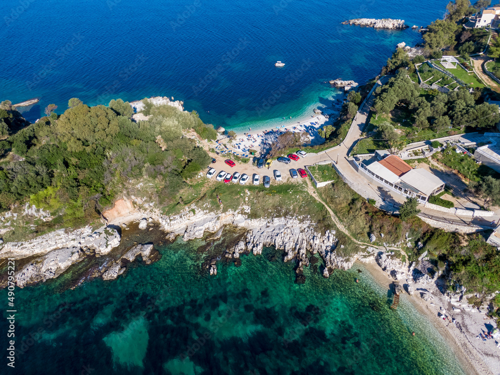 Aerial drone view of Mpataria beach , kassiopi, corfu , greece