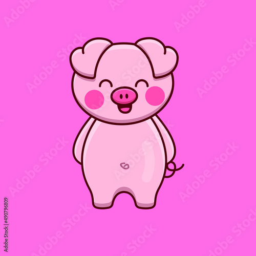 Cute cartoon pink pig in vector illustration. Animal isolated vector. Flat cartoon style