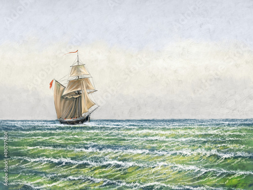 Digital oil paintings sea landscape, old ship in the sea. Fine art, artwork