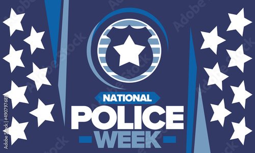 National Police Week. Celebrated annual in May. In honor of the United States police hero. Police badge and star. Officers Memorial Day. American patriotic design. Vector poster, creative illustration
