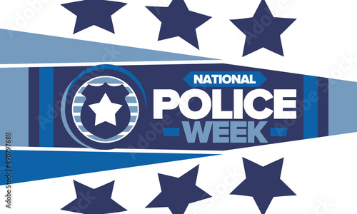 National Police Week. Celebrated annual in May. In honor of the United States police hero. Police badge and star. Officers Memorial Day. American patriotic design. Vector poster, creative illustration