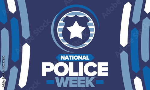 National Police Week. Celebrated annual in May. In honor of the United States police hero. Police badge and star. Officers Memorial Day. American patriotic design. Vector poster, creative illustration