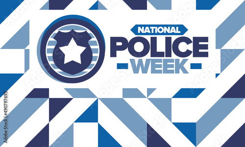National Police Week. Celebrated annual in May. In honor of the United States police hero. Police badge and star. Officers Memorial Day. American patriotic design. Vector poster, creative illustration