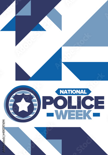 National Police Week. Celebrated annual in May. In honor of the United States police hero. Police badge and star. Officers Memorial Day. American patriotic design. Vector poster, creative illustration