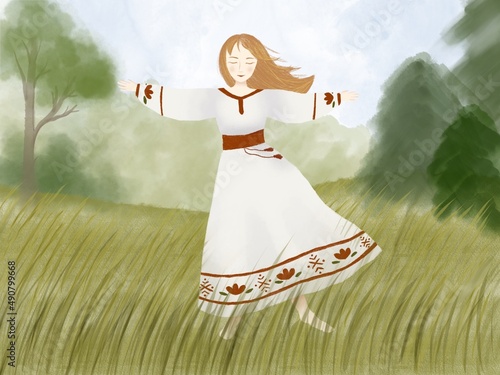 a girl in a summer field in a national costume with her hands out to the sides