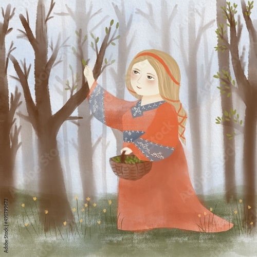 a girl with a basket in her hands in the spring forest