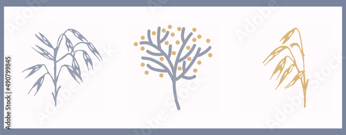 French floral motif set. Tonal farmhouse cottage style. Simple vintage rustic fabric textile effect. Primitive modern shabby chic kitchen cloth design group. 