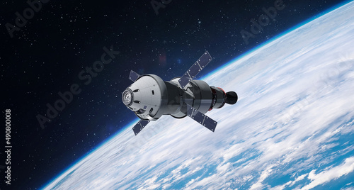 Orion spacecraft flight in space. Spaceship on orbit of Earth. Sci-fi wallpaper. Artemis space program. Expedition to Moon. Spaceship with astronauts. Elements of this image furnished by NASA  photo