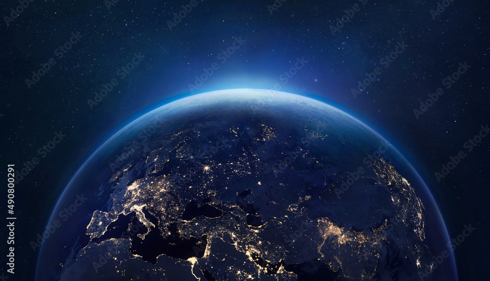 Fototapeta Ziemia w nocy. Planeta Ziemia w kosmosie. Wyłącz światła, aby zachować klimat. Elementy tego obrazu dostarczone przez NASA