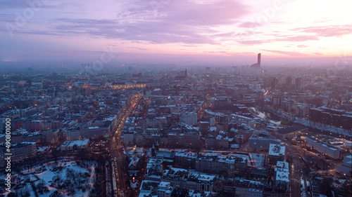 Bird's eye view of the city of Wroclaw, evening sunset