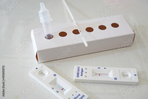 Closeup of antigen covid 19 home tests on a white background