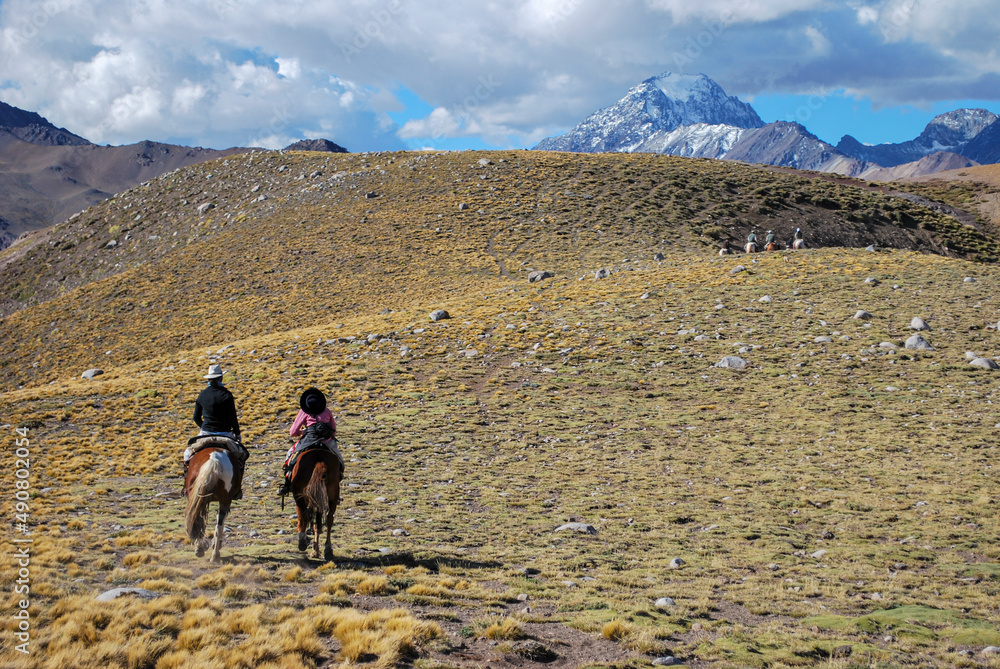 Horseback riding in the mountains. Travel in the mountains, freedom and active lifestyle concept.