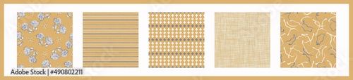 French yellow linen seamless pattern set. Tonal farmhouse cottage style background. Simple vintage rustic fabric textile effect. Primitive modern shabby chic kitchen cloth design group. 