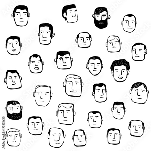 Portrait Drawings of Faces of Men in a Crowd