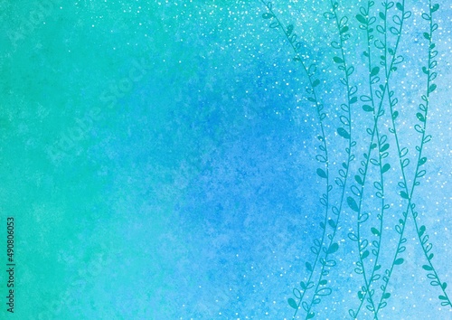 Blue green turquoise old vintage background with blur, gradient and grunge texture. Thin long twigs with leaves on a colored background. Watercolor texture with stains, splashes and strokes. 