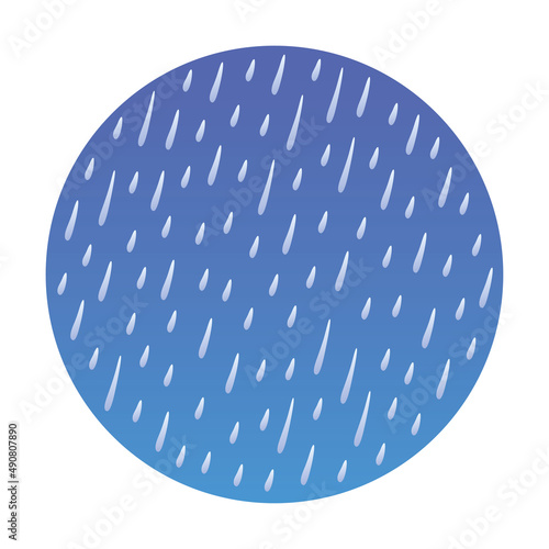 Falling rain drops in a dark sky background, rainy weather forecast vector illustration, round shape frame icon.