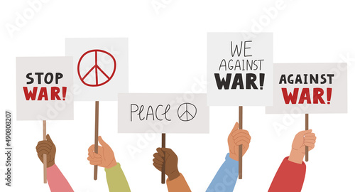 Hands holding placard with stop war quotes. Pacifist demonstration. Protest activism. Vector illustration