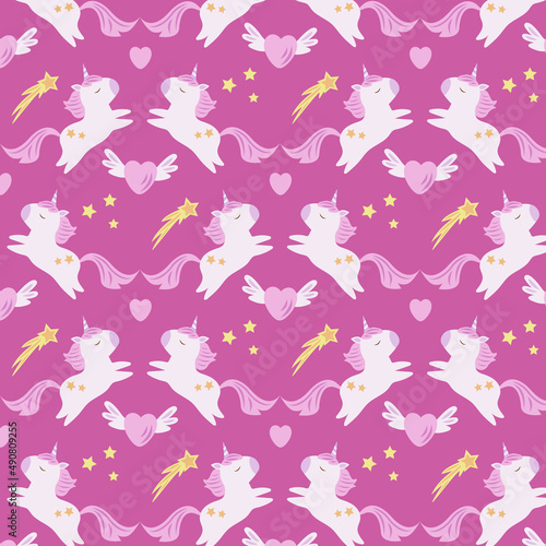 Cute unicorn heart star seamless, tileable pattern on pink background. Drawing for kids clothes, t-shirts, fabrics or packaging.