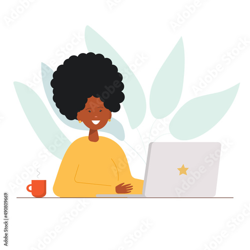Female office worker. Swarthy black african woman uses laptop, sitting at table. Personal assistant. Freelancer. Remote work. Vector flat illustration
