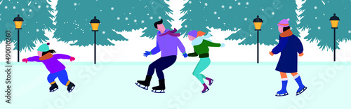 Family skating on the rink with lights and firs on the background