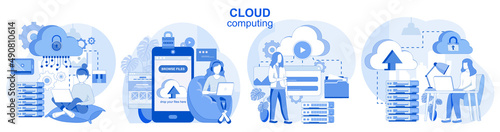 Cloud computing isolated set in flat design. People upload files, storage and processing data collection of scenes. Vector illustration for blogging, website, mobile app, promotional materials.